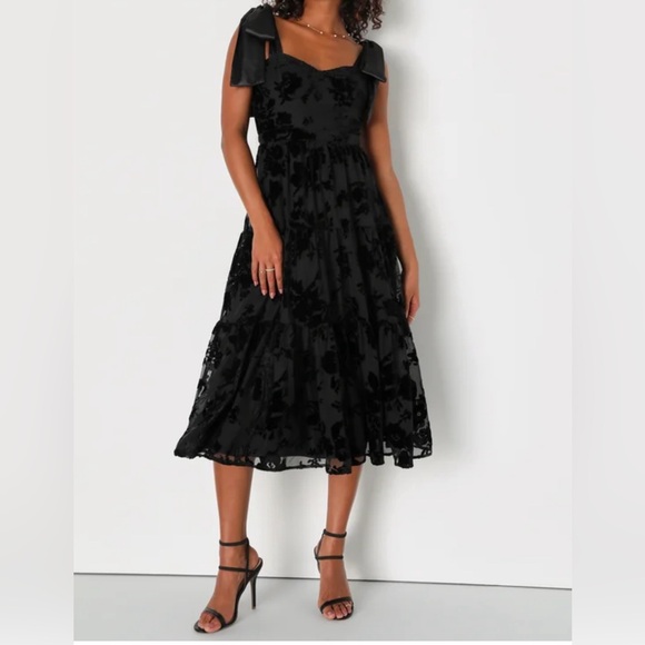 Lulus Sweet Essence Black Floral Burnout Velvet Tie-Strap Midi Dress - Picture 2 of 10